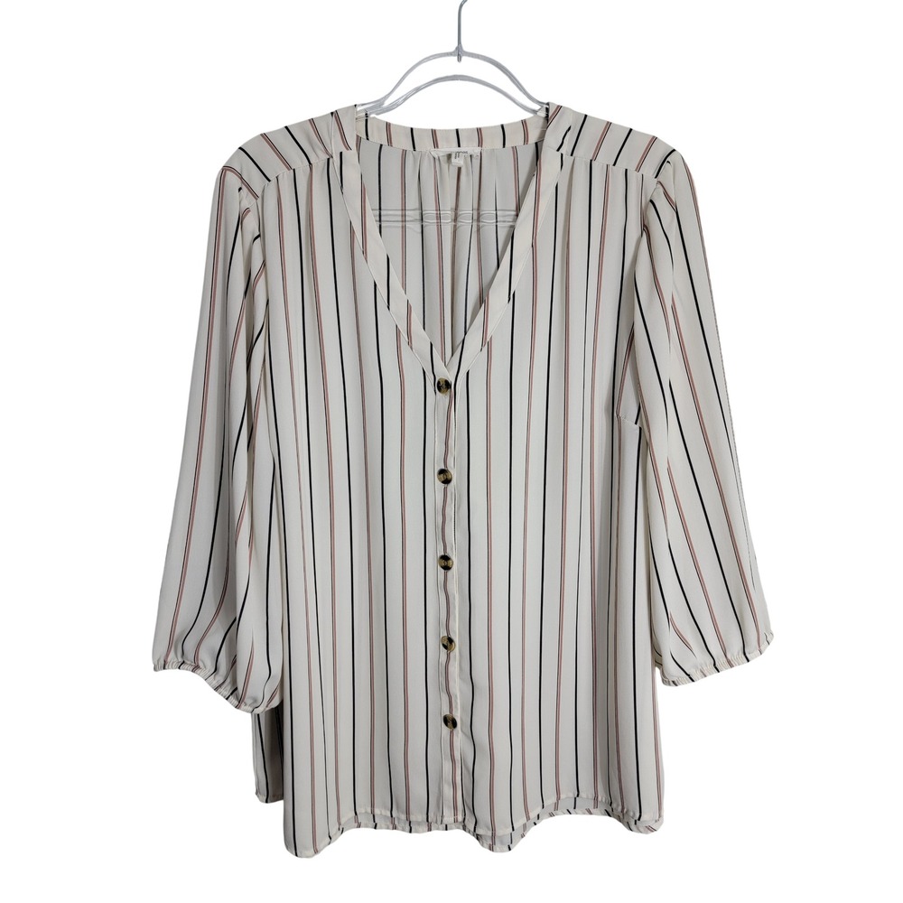 Maurices Womens 1X Blouse White Striped V-Neck 3/4 Sleeve Button Front Top